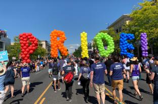Balloons spelling "Pride" at Denver Pride Parade.